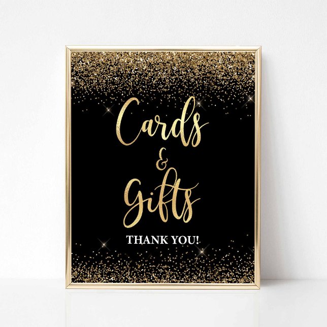 Cards & Gifts Party Sign Black & Gold Glitter (Cards & Gifts Party Sign, Black & Gold Glitter Confetti)