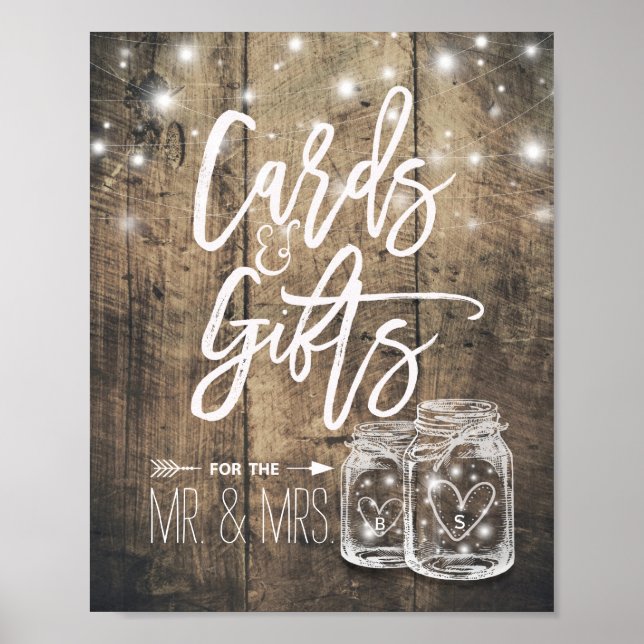 Cards & Gifts Rustic Wedding Wood Mason Jar Lights Poster (Front)