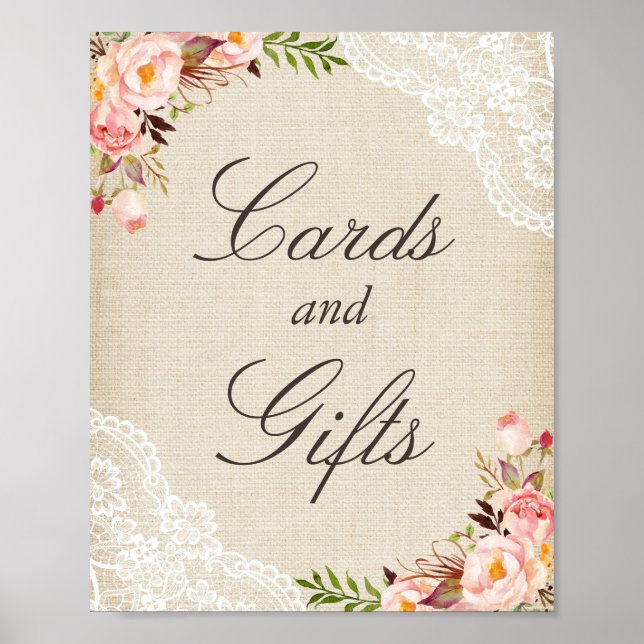 Cards & Gifts Sign - Rustic Burlap Lace Floral (Front)