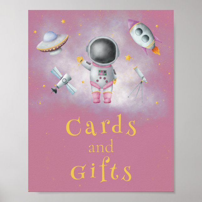 Cards &Gifts Space girl Astronaut pink rocket star Poster (Front)