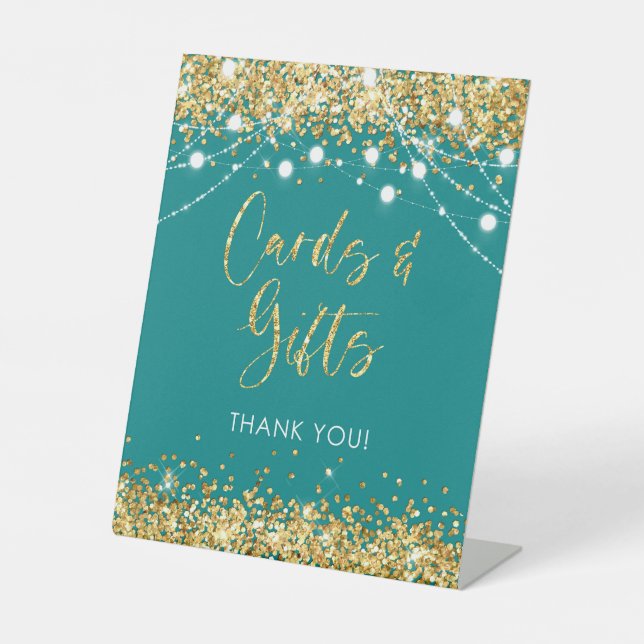 Cards & Gifts Teal Gold Pedestal Sign (Front)