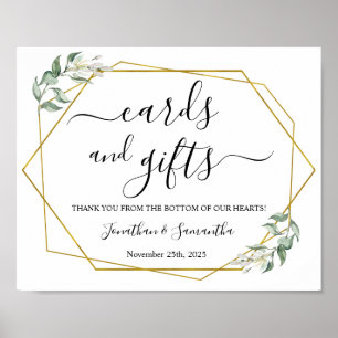 Cards & Gifts wedding reception greenery gold sign