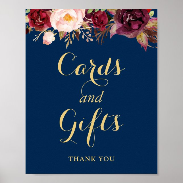 Cards Gifts Wedding Sign Burgundy Floral Navy Blue (Front)