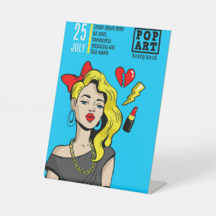 Cards in comic style pedestal sign