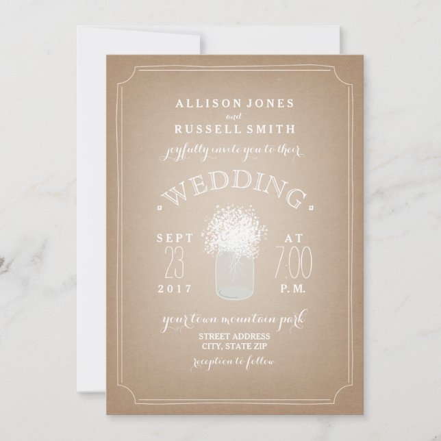 Cardstock Inspired Baby's Breath Mason Jar Wedding Invitation (Front)