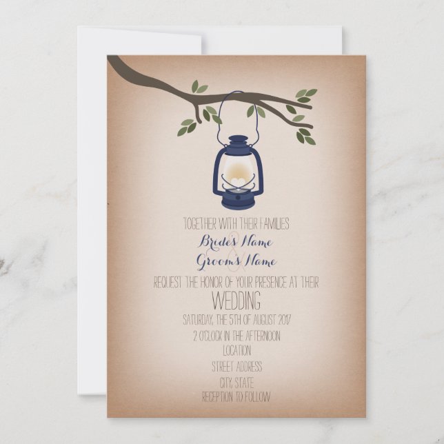 Cardstock Inspired Blue Camping Lantern Wedding Invitation (Front)
