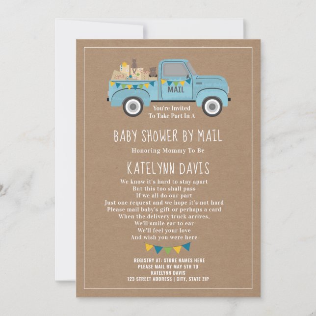 Cardstock Inspired Blue Truck Baby Shower By Mail Invitation (Front)
