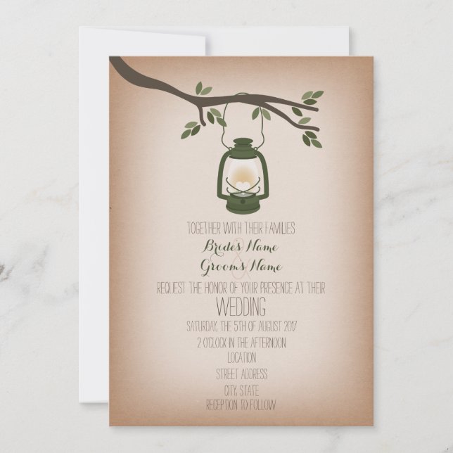 Cardstock Inspired Green Camping Lantern Wedding Invitation (Front)