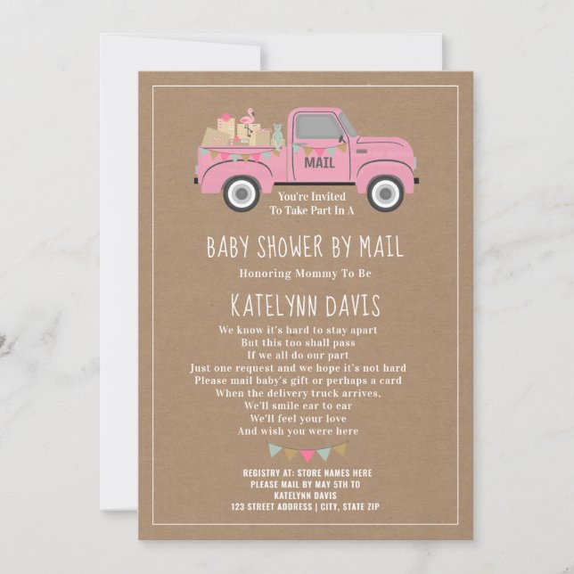 Cardstock Inspired Pink Truck Baby Shower By Mail Invitation (Front)