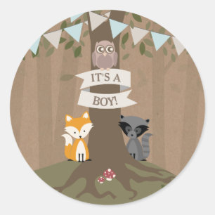Cardstock Inspired Woodland Baby Shower Boy Classic Round Sticker