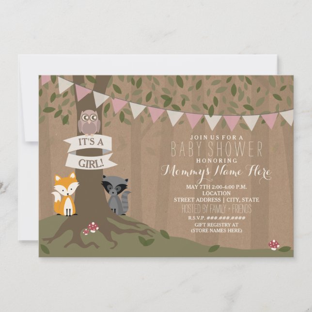 Cardstock Inspired Woodland Baby Shower - Girl Invitation (Front)