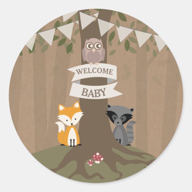 Cardstock Inspired Woodland Baby Shower Neutral Classic Round Sticker (Front)