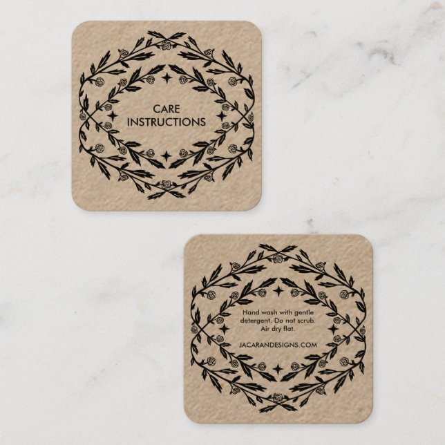 CARE INSTRUCTIONS Chic Elegant Rose Frame Kraft Square Business Card (Front/Back)