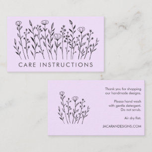 CARE INSTRUCTIONS Chic Elegant Wildflower Lavender Business Card
