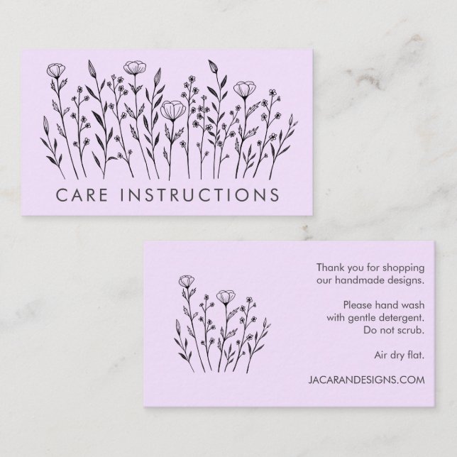 CARE INSTRUCTIONS Chic Elegant Wildflower Lavender Business Card (Front/Back)