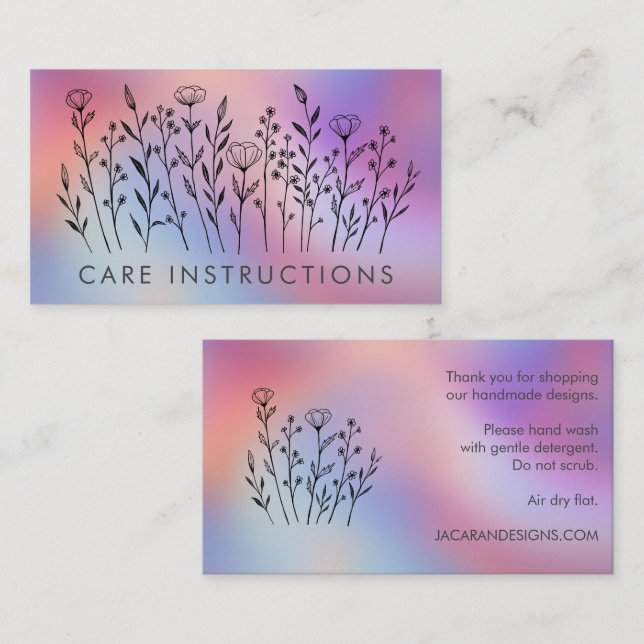 CARE INSTRUCTIONS Chic Elegant Wildflower TieDye Business Card (Front/Back)