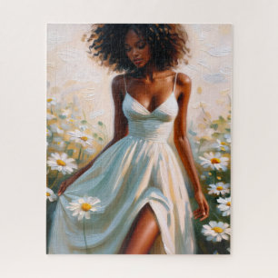 Carefree Black Woman Among Daisies Jigsaw Puzzle