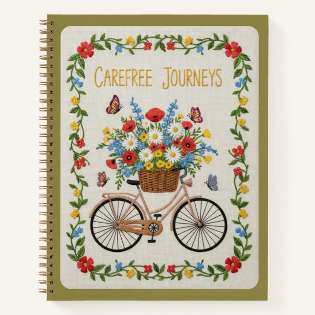 Carefree Journeys Embroidered Vintage Bicycle  Notebook (Front)
