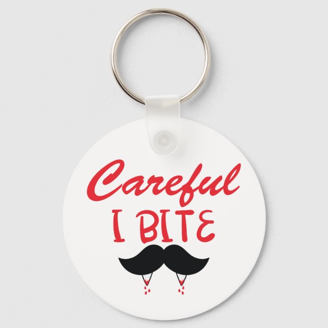 Careful I Bite – Moustache and Vampire Teeth Key Ring (Front)
