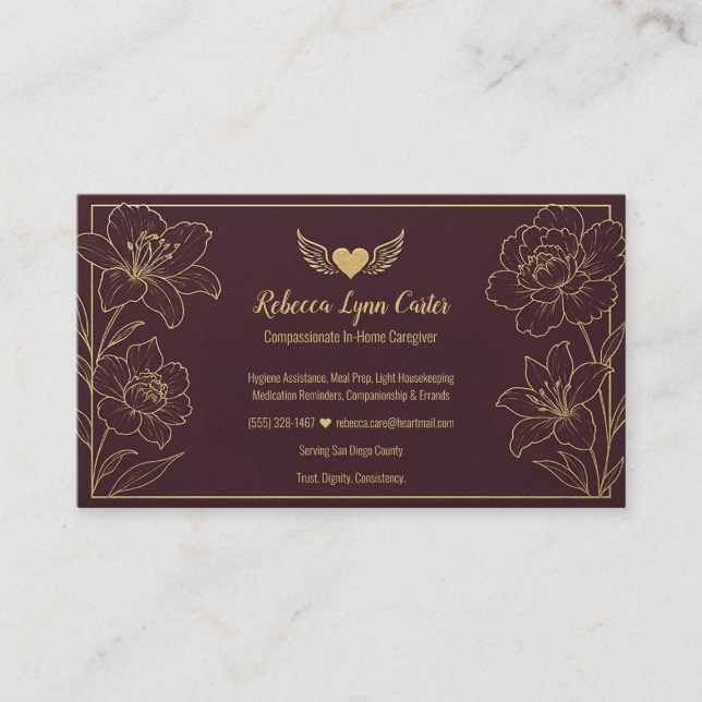 Caregiver Elegant Floral Professional Services Business Card (Front)