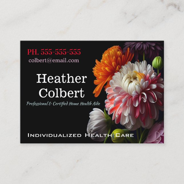 Caregiver Floral Fancy Black Professional Business Card (Front)