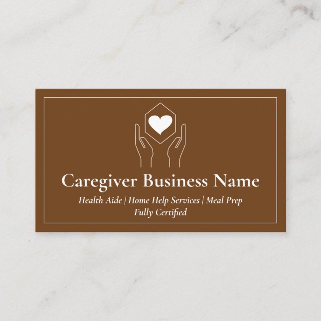 Caregiver heart hand brown business card (Front)