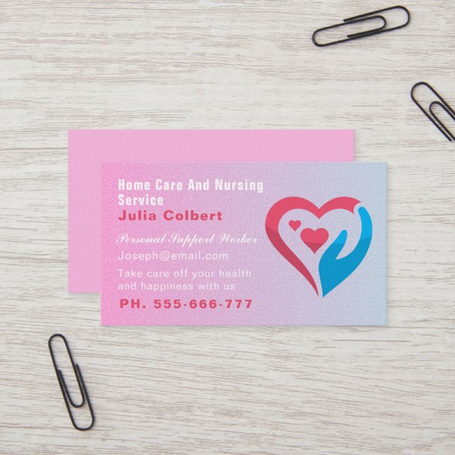 Caregiver Home Help Companionship Square pink Business Card (Front/Back In Situ)