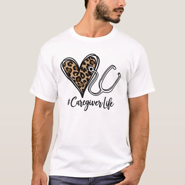 Caregiver Leopard Heart Stethoscope T-Shirt (Front)