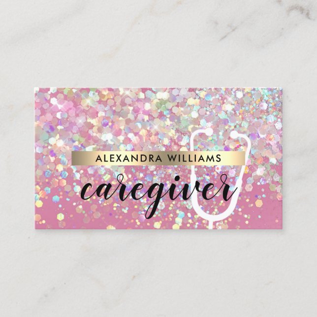 Caregiver Medical Modern Rose Gold Glitter Pink Business Card (Front)