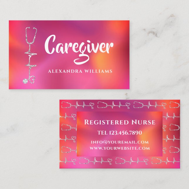Caregiver Modern Medical Red Purple doctor Business Card (Front/Back)