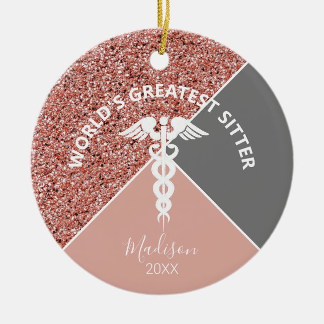 Caregiver Rose Gold Pink Glitter Personalized Ceramic Tree Decoration (Front)