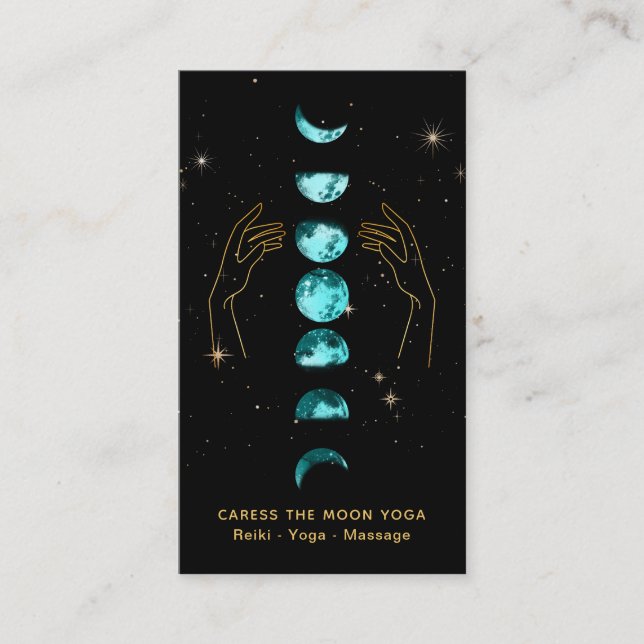 *~* Caress Moon Turquoise Blue Phases + Hands Star Business Card (Front)
