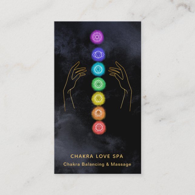 *~* Caress The Chakra Symbols + Healing Hands Business Card (Front)