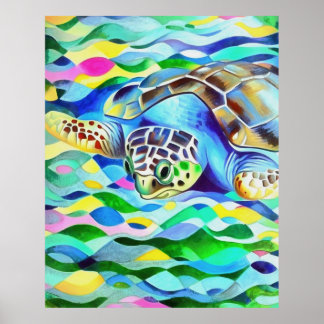 Caretta Caretta Turtle Cute And Colorful Art Poster