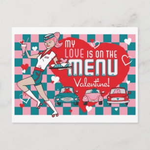 Carhop Retro Drive-In Valentine Postcard
