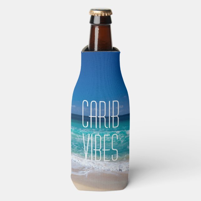 Carib Vibes Tropical Beach Turquoise Water w/ Name Bottle Cooler (Bottle Front)