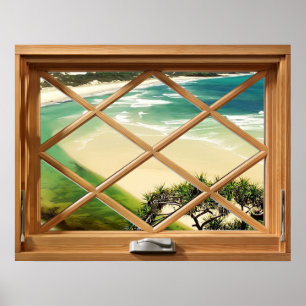 Caribbean Beach - Green Sea View Faux Fake Window Poster