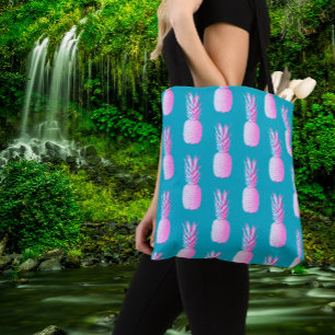 Caribbean Blue Colorful Pink Pineapples Tote Bag