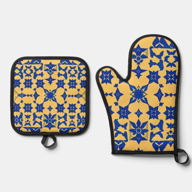 Caribbean Blue Gold Tile Motif Pattern Azulejo  Oven Mitt & Pot Holder Set (Front)