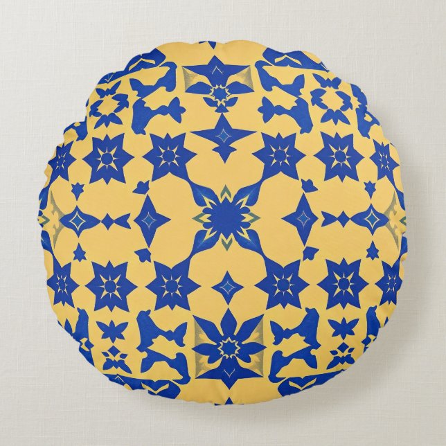 Caribbean Blue Gold Tile Motif Pattern Azulejo  Round Cushion (Front)