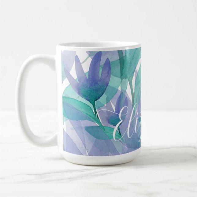 Caribbean Blue Green Watercolor Monogrammed Coffee Mug (Left)