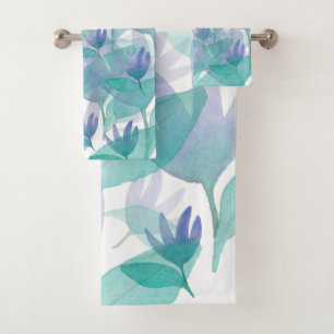 Caribbean Blue Green Watercolor Wonder Flowers Bath Towel Set