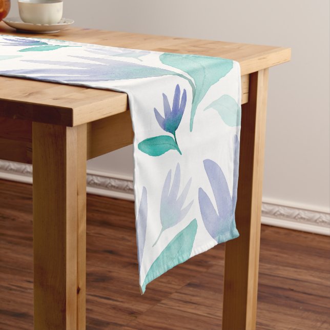 Caribbean Blue Green Watercolor Wonder Flowers Long Table Runner (In Situ)