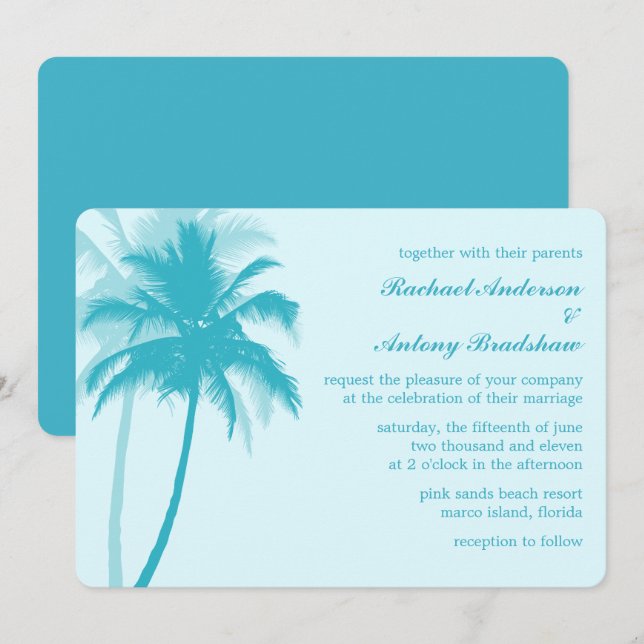 Caribbean Blue Palm Trees Tropical Wedding Invitation (Front/Back)