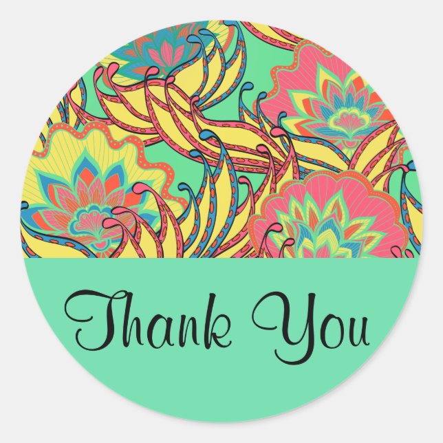 Caribbean Colours Boho Floral Thank You Classic Round Sticker (Front)