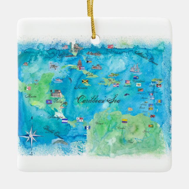 Caribbean Cruise Travel Poster Map Antilles West Ceramic Ornament (Front)