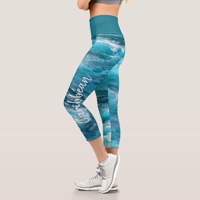 Caribbean Cruise Turbulent Turquoise Water Capri Leggings (Left)