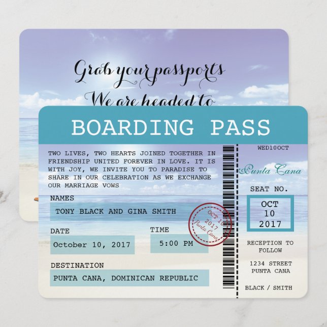 Caribbean Dreamz Wedding Boarding Pass Invitation (Front/Back)