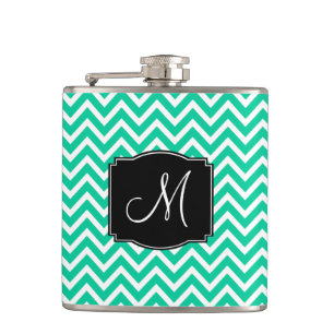 Caribbean Green Chevron Pattern with Monogram Hip Flask