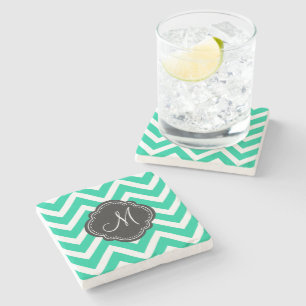 Caribbean Green Chevron Pattern with Monogram Stone Coaster